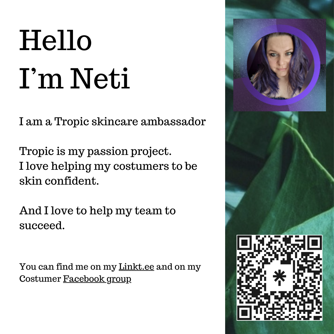 Small photo of Netti and words saying she is a tropic Skincare Ambassador