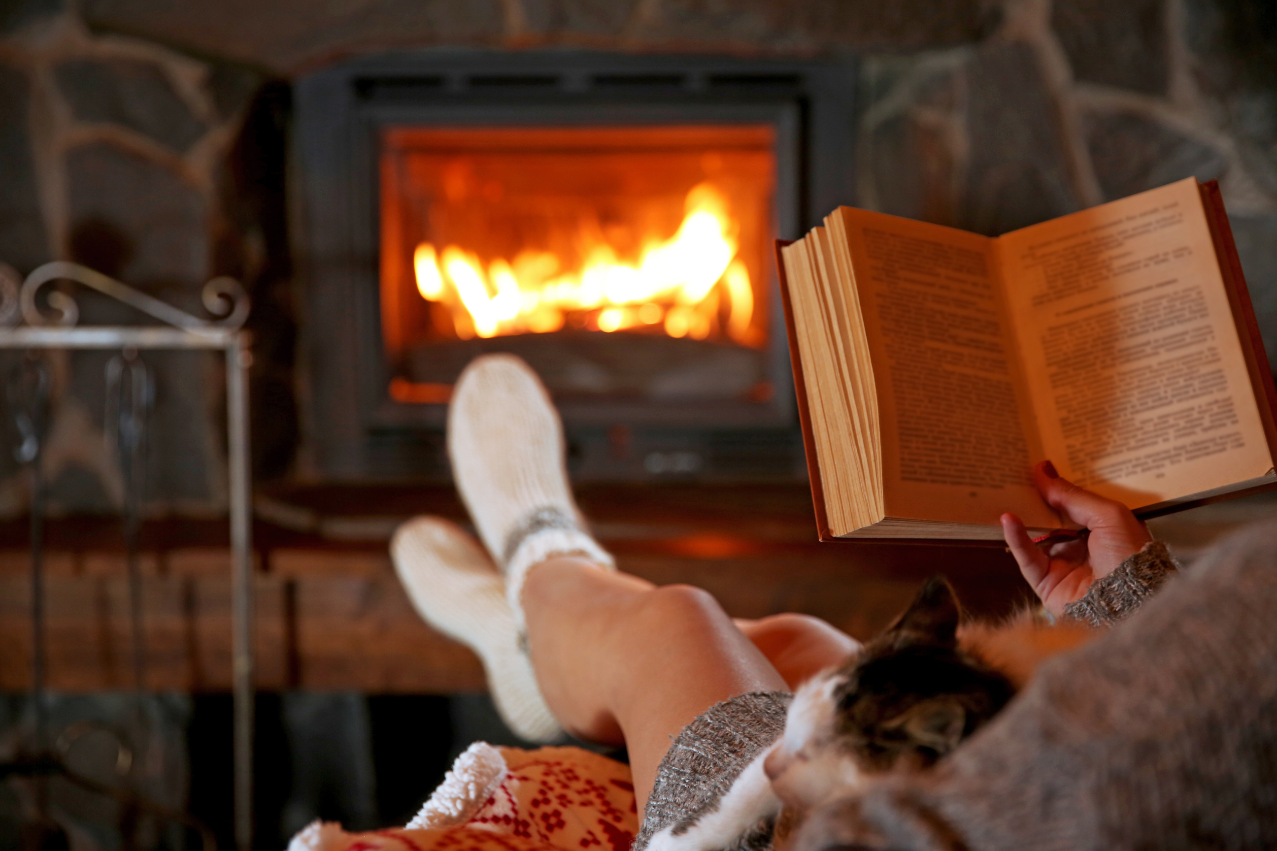 Person sat on couch in front of a fire with a cat on their knee and reading a book