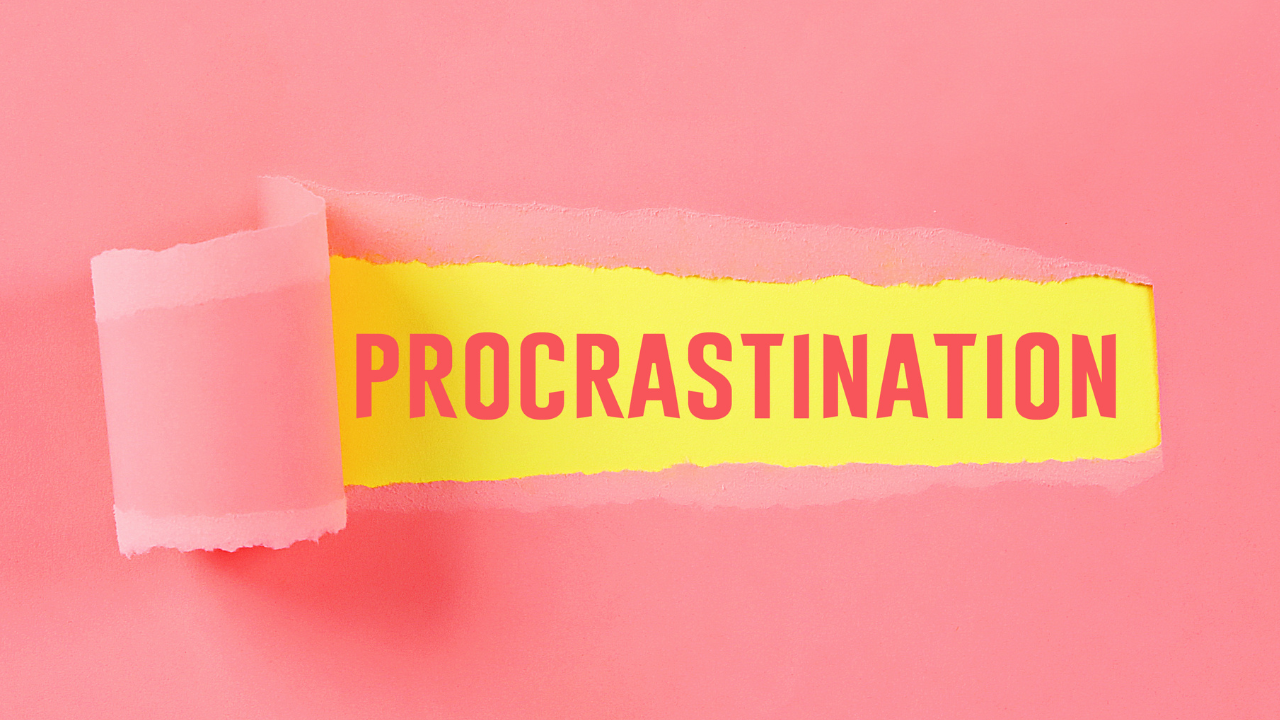 Pink background with word 'Procrastination' in the middle highlighted on a yellow background