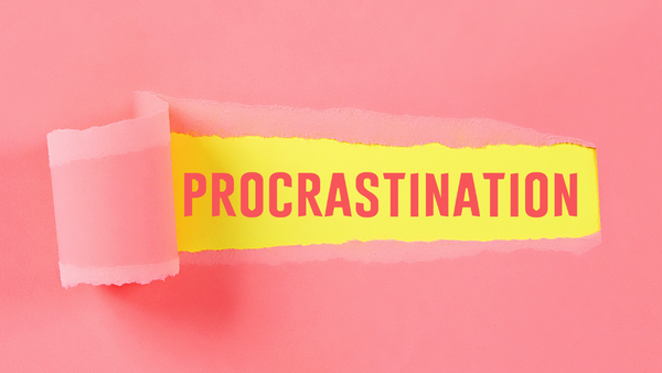 Pink background with word 'Procrastination' in the middle highlighted on a yellow background